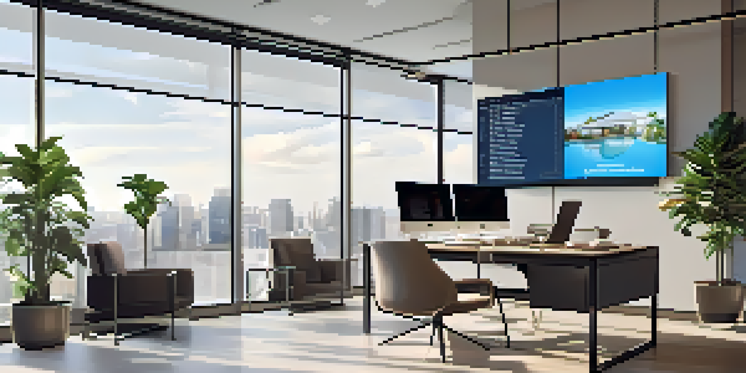 A contemporary real estate office with agents working and digital displays.