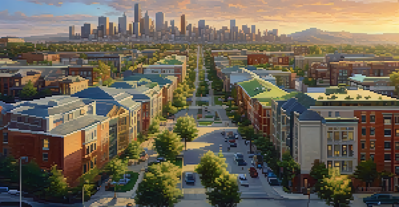 Aerial view of a vibrant urban landscape with a mix of residential, commercial, and industrial properties during sunset.