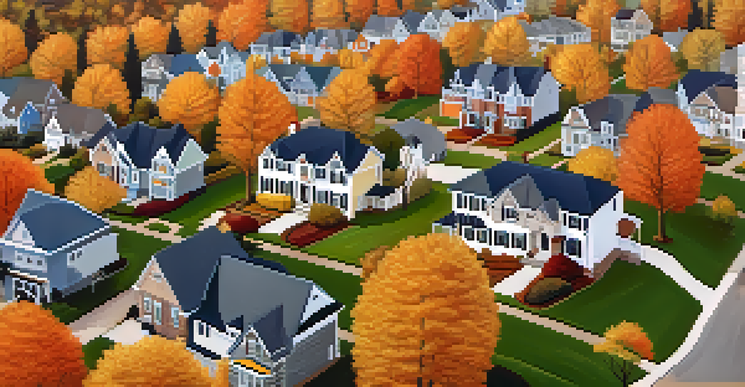 An aerial view of a suburban neighborhood with autumn foliage and charming houses.