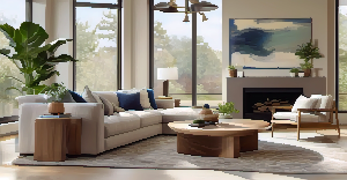 A modern living room in a new home, with large windows, neutral furniture, and indoor plants.