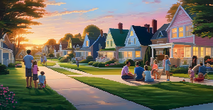 A suburban neighborhood at sunset, with houses, lawns, and a family having a picnic.