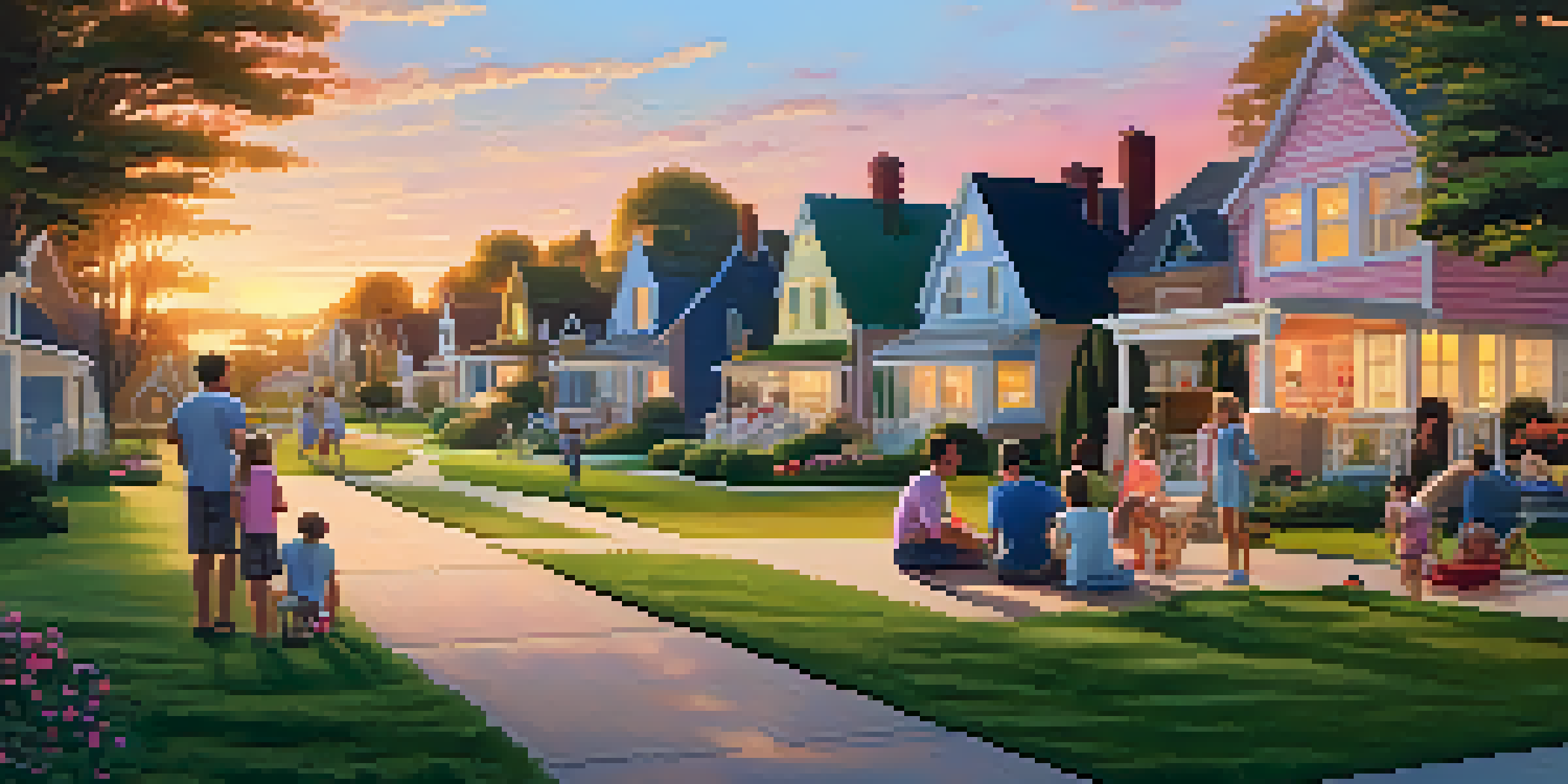 A suburban neighborhood at sunset, with houses, lawns, and a family having a picnic.