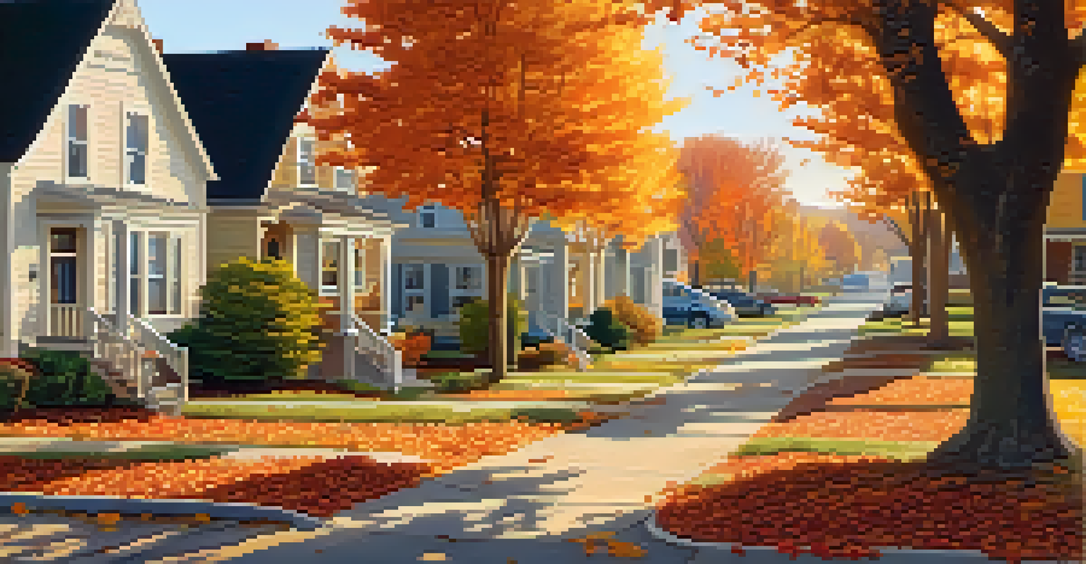 A peaceful residential neighborhood in autumn with colorful trees, cozy houses, and children playing outside.