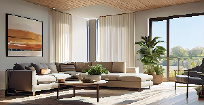 A modern living room filled with natural light, showcasing neutral furniture and vibrant plants.