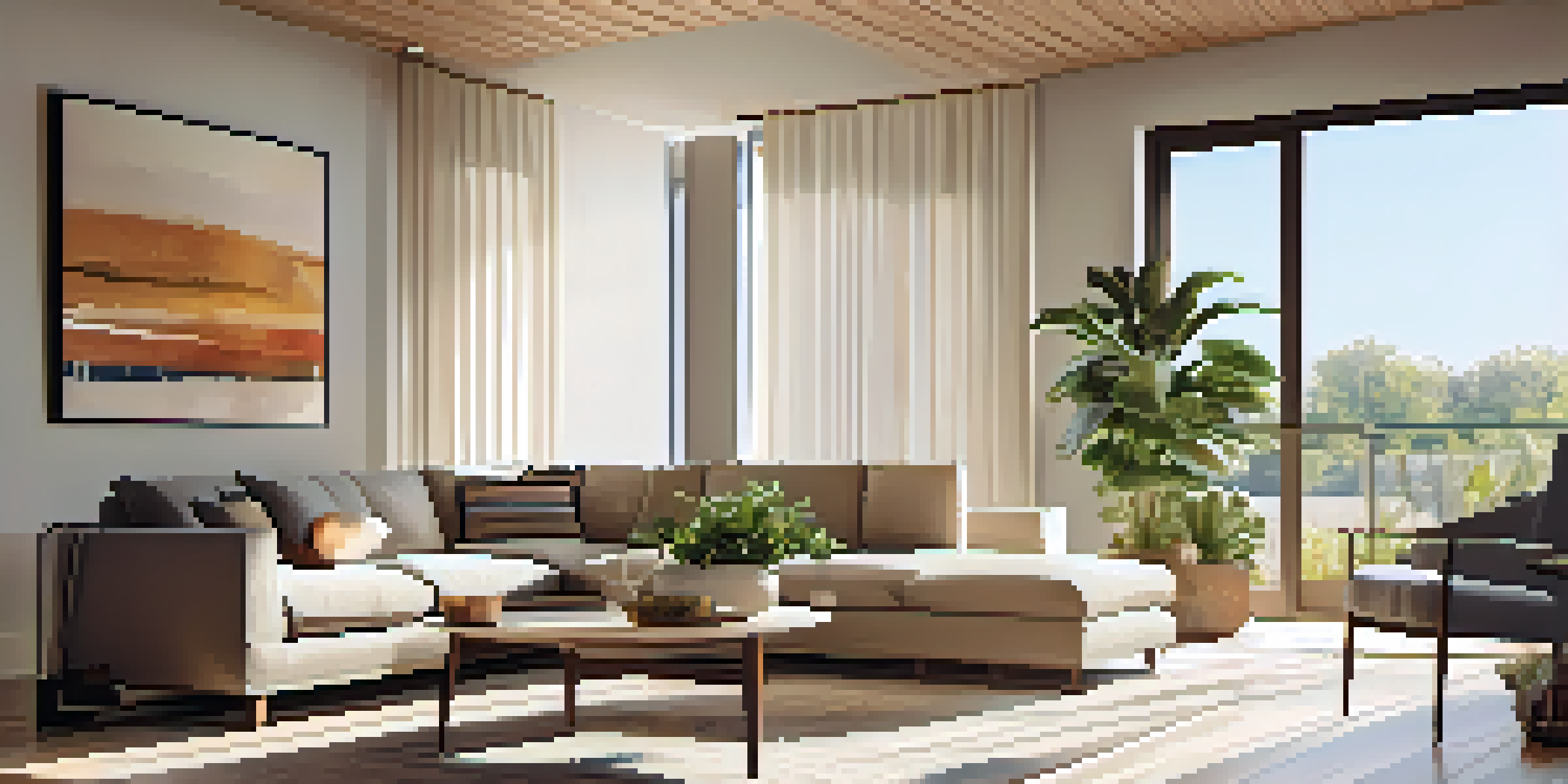 A modern living room filled with natural light, showcasing neutral furniture and vibrant plants.