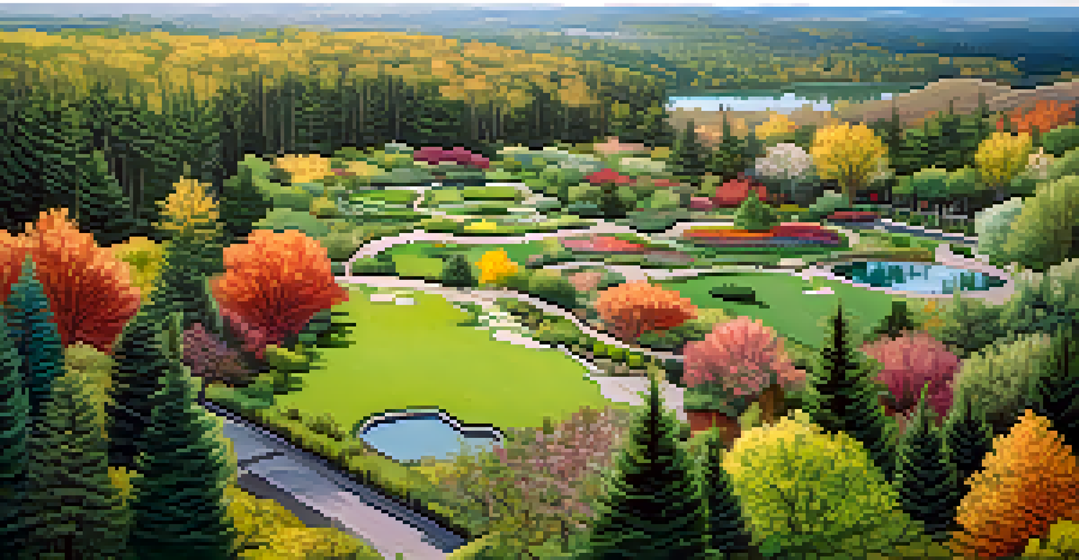 Aerial view of a diverse landscape with seasonal plants, including evergreens and flowering perennials.