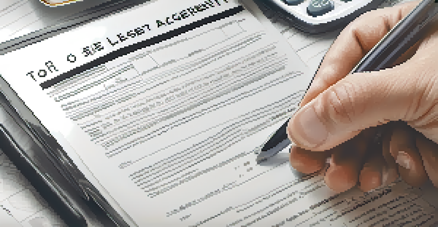 A hand holding a lease agreement for rent-to-own, with a calculator and coffee cup in the background.
