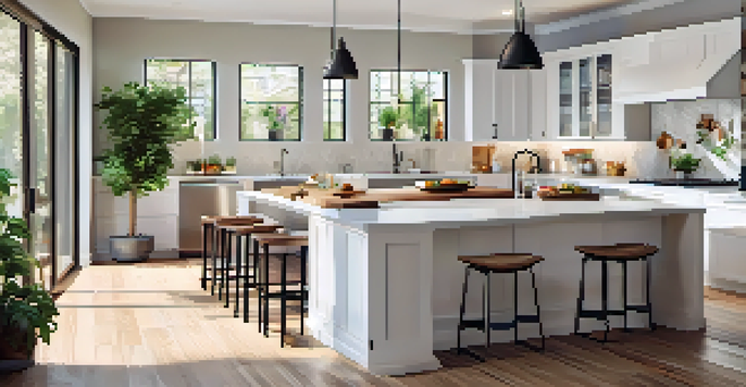 A bright and modern kitchen with white cabinets, a large island, and natural light coming through the windows.