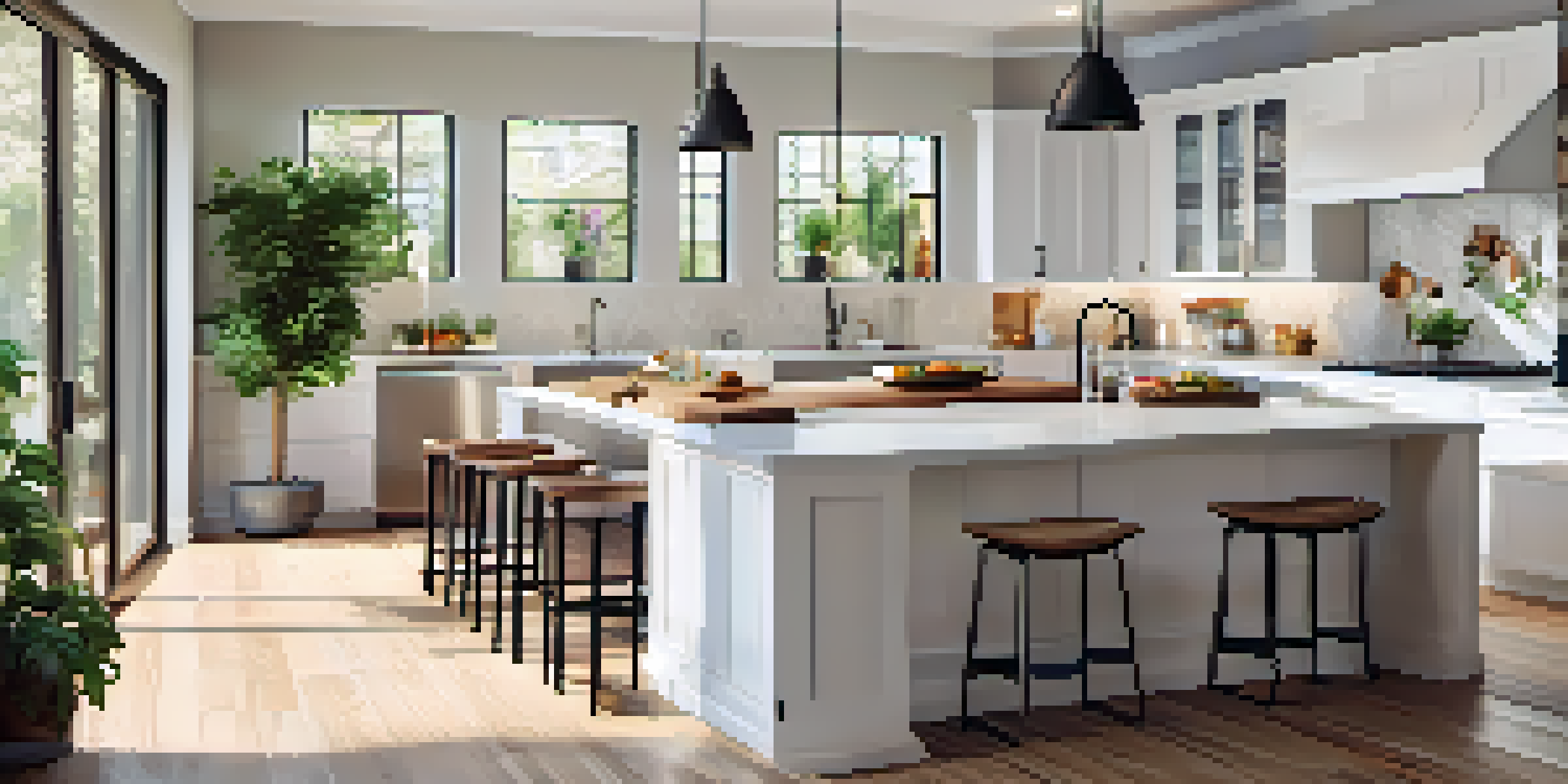 A bright and modern kitchen with white cabinets, a large island, and natural light coming through the windows.