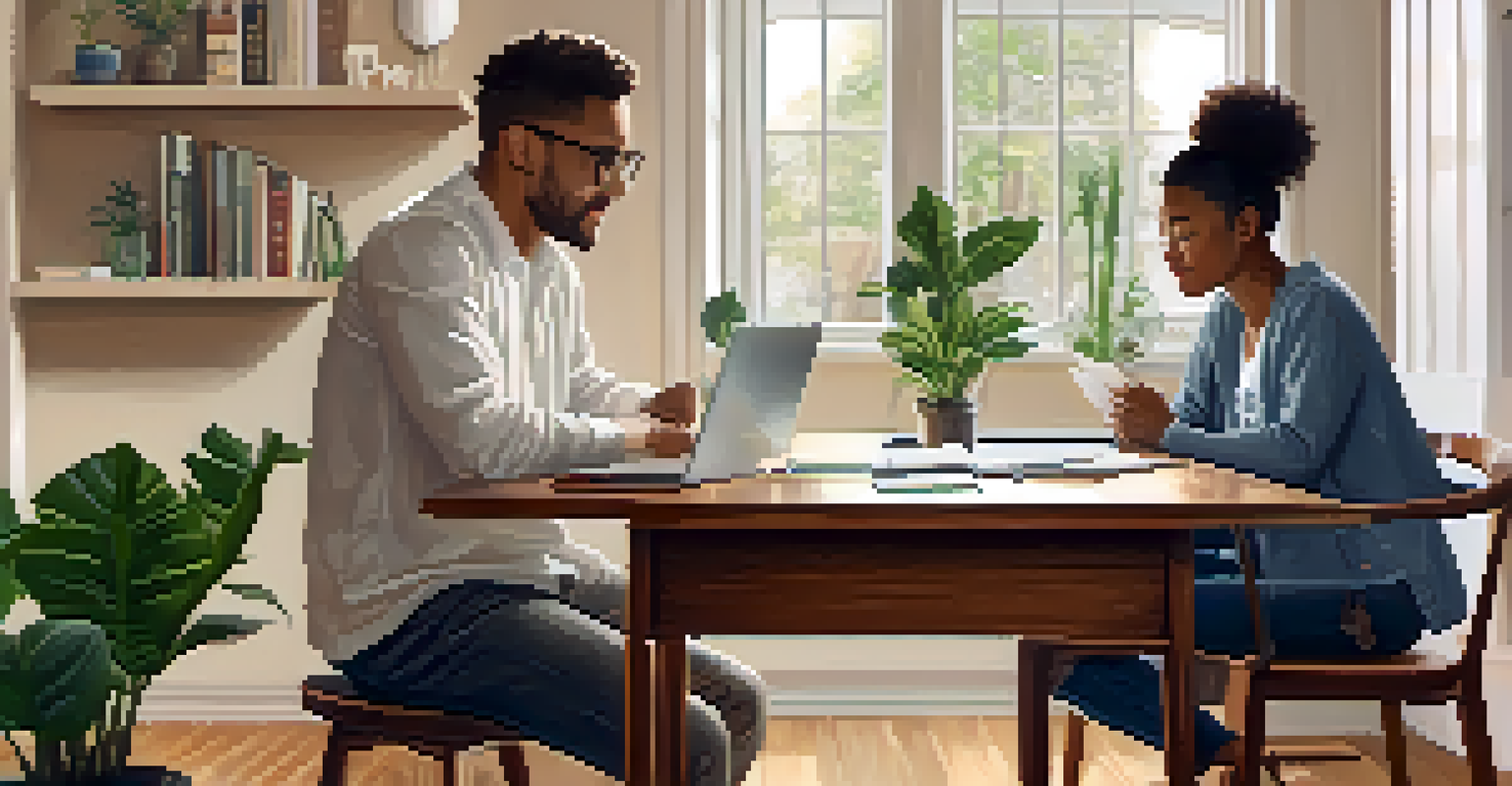 Two individuals discussing a home sale contract in a cozy living room setting.