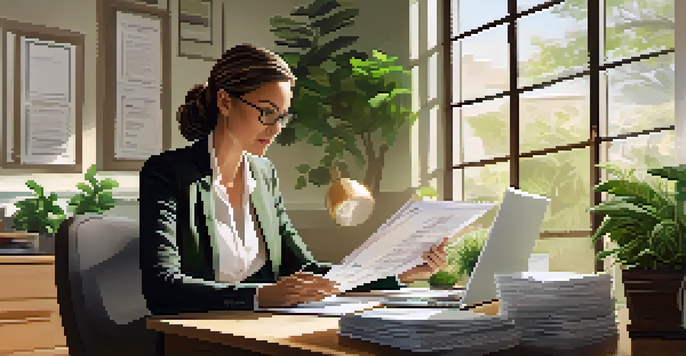 A focused property manager reviewing tenant applications at her desk, with organized documents and plants in a well-lit room.