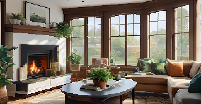 Cozy living room with a fireplace and large windows, featuring plush furniture and a potted plant.