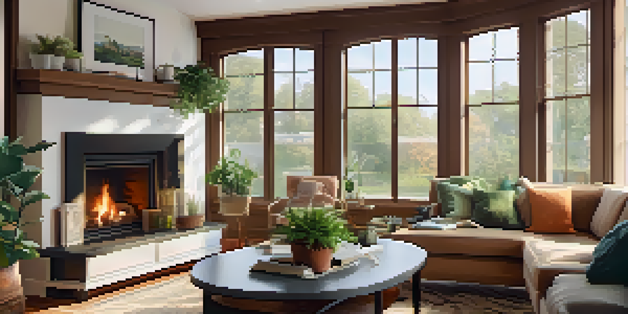 Cozy living room with a fireplace and large windows, featuring plush furniture and a potted plant.