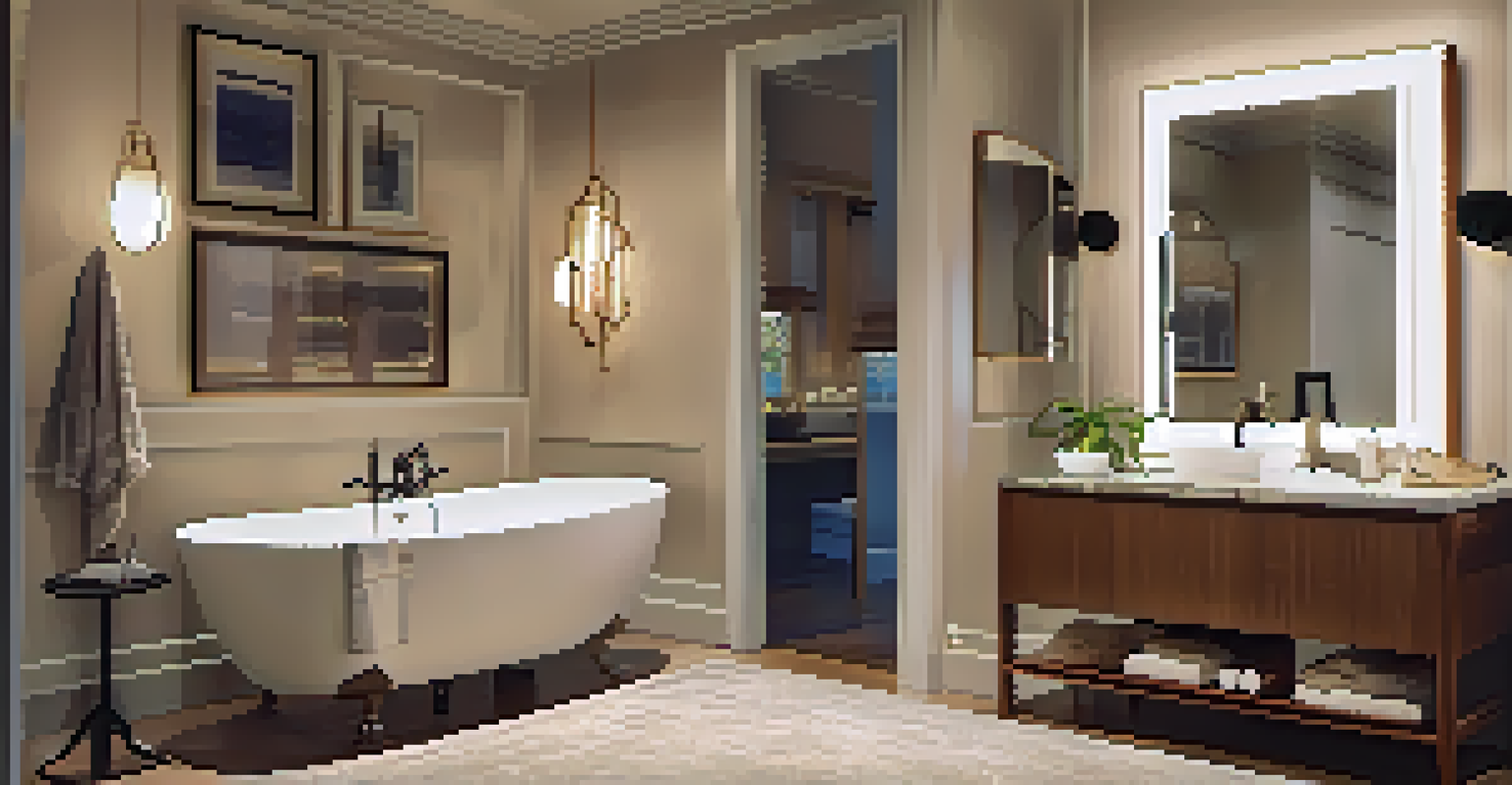 An inviting bathroom with layered lighting, a decorative mirror, and a warm atmosphere created by dimmable lights.