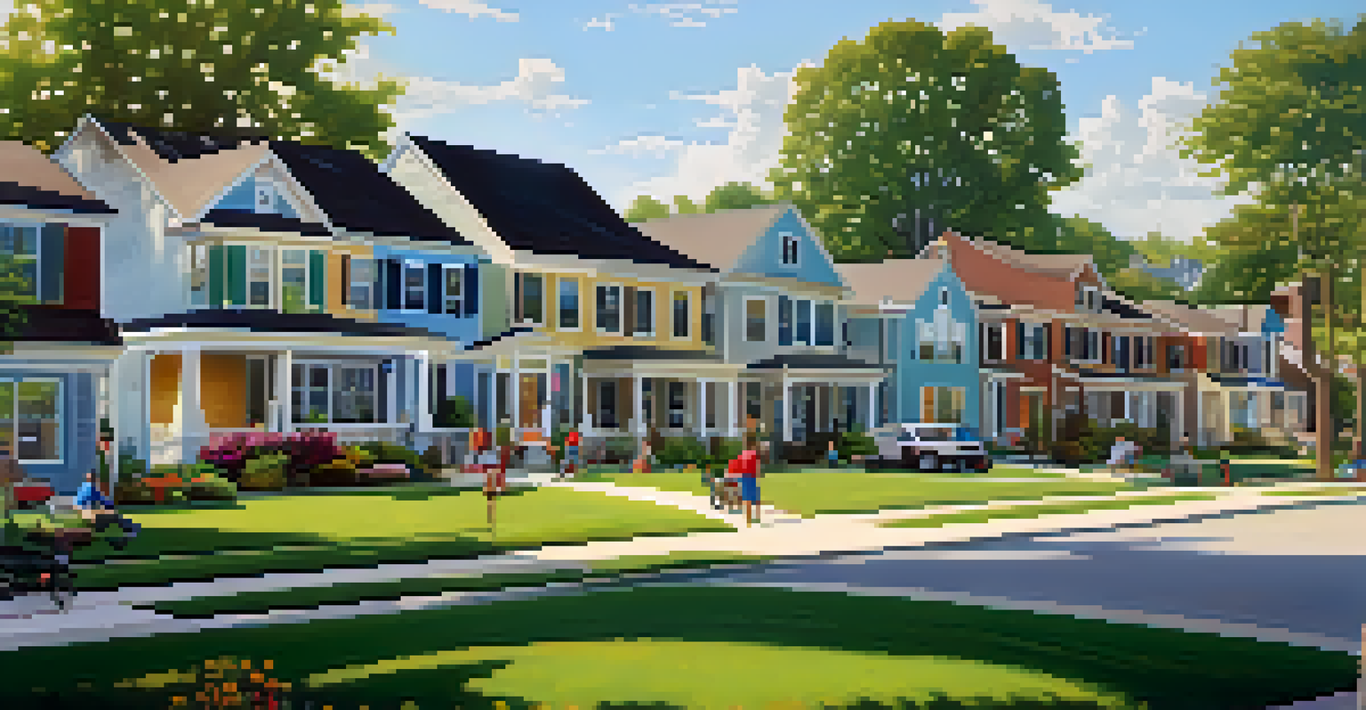 A suburban neighborhood in the Southeast United States with new homes, families enjoying outdoor activities, and a sunny atmosphere.