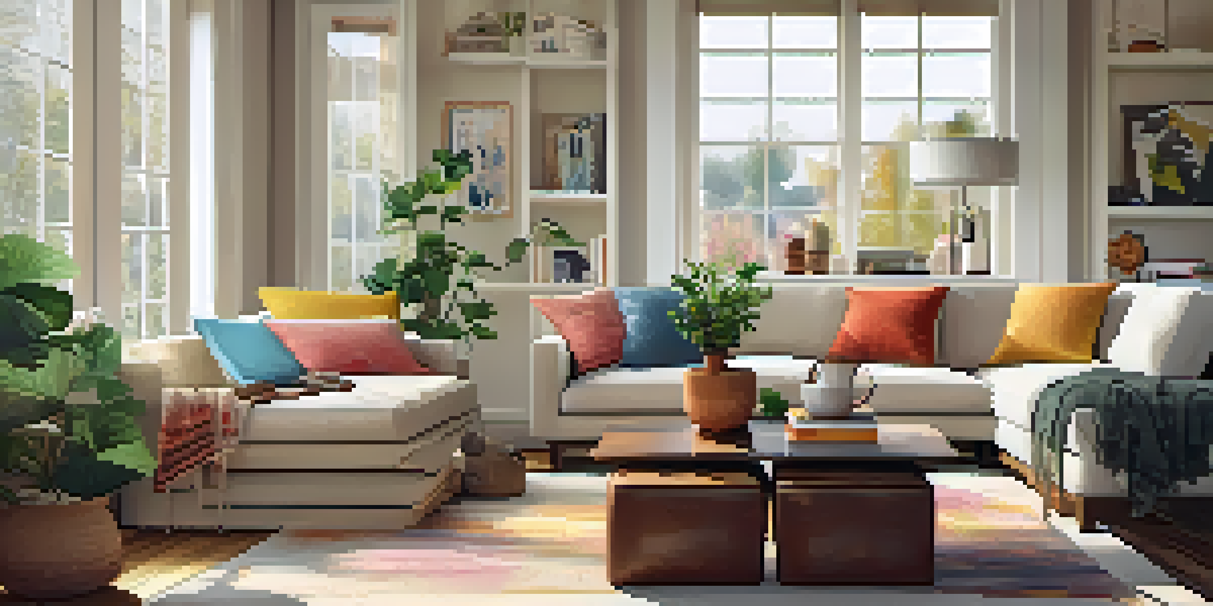 A cozy living room with colorful pillows on the sofa, an inviting coffee table, and natural light streaming through a large window.