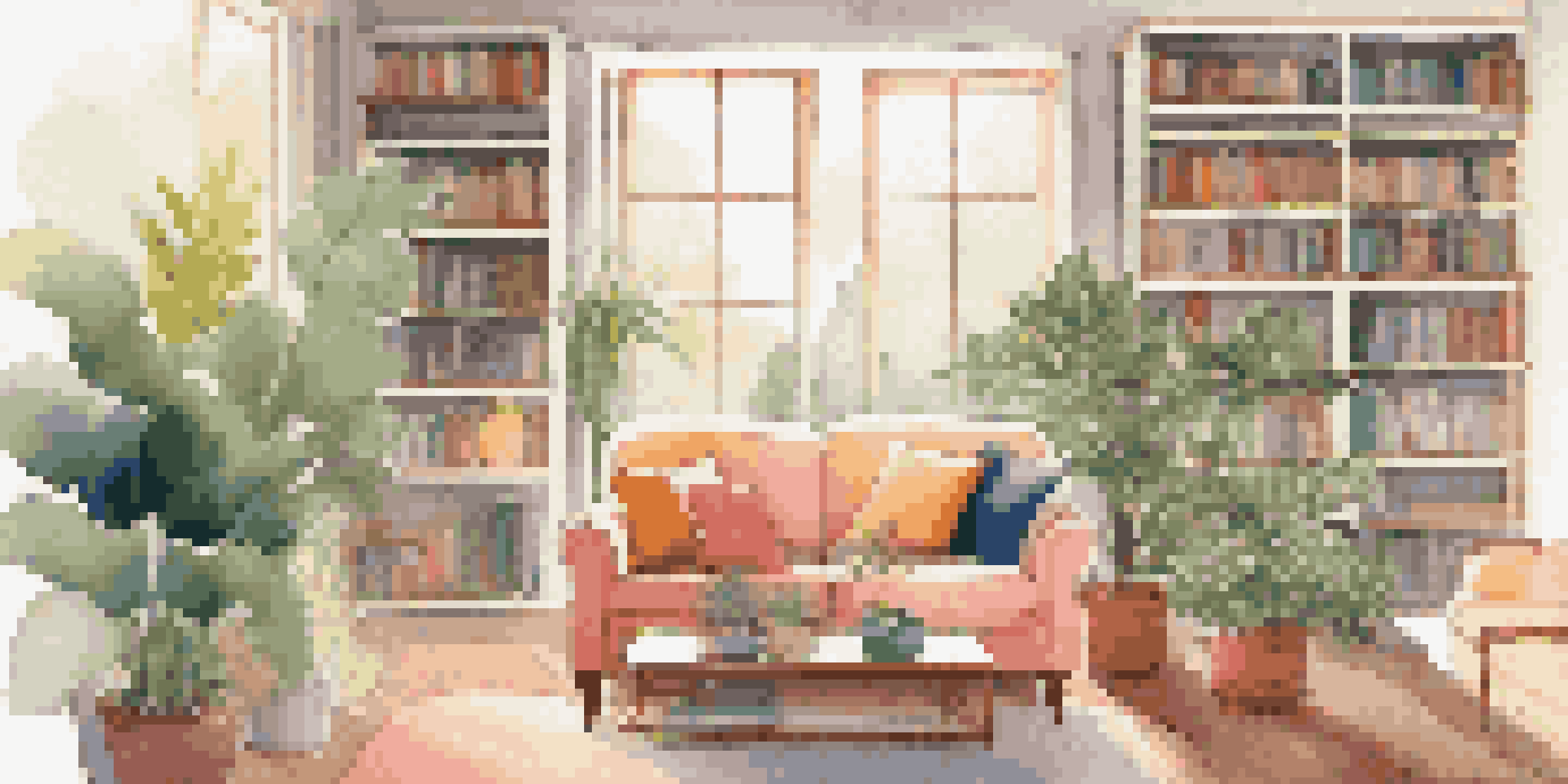 A bright and cozy living room with large windows, a comfortable couch, colorful pillows, and a well-maintained indoor plant.