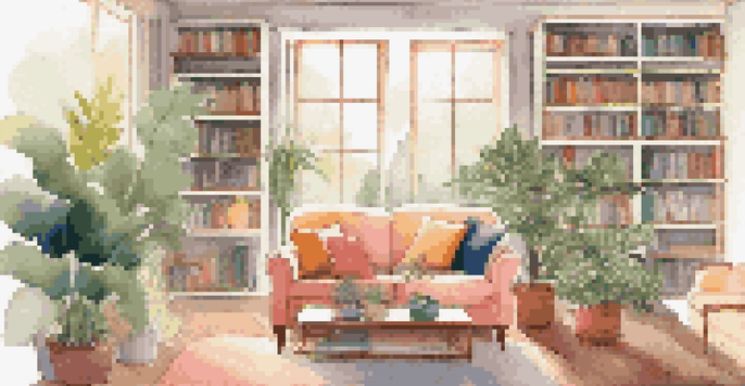 A bright and cozy living room with large windows, a comfortable couch, colorful pillows, and a well-maintained indoor plant.