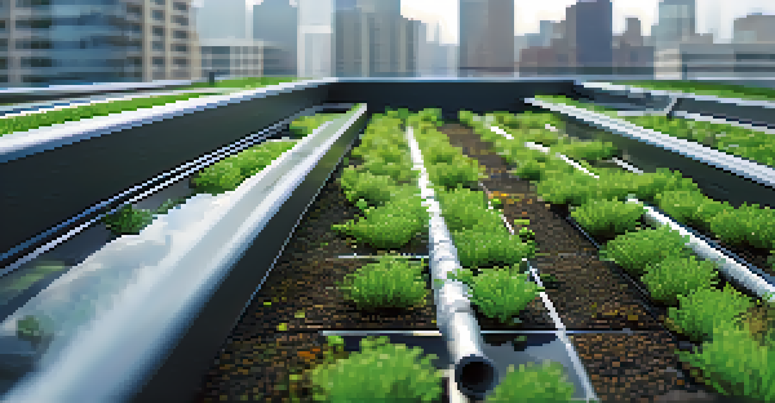 A detailed view of an irrigation system on a green roof, with water droplets on plants and a blurred urban background.