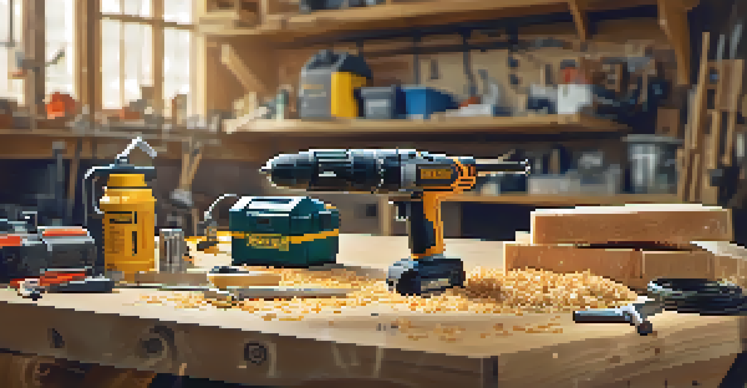 A close-up of a cordless drill and a circular saw on a work surface, surrounded by wood shavings, in a bright workshop.