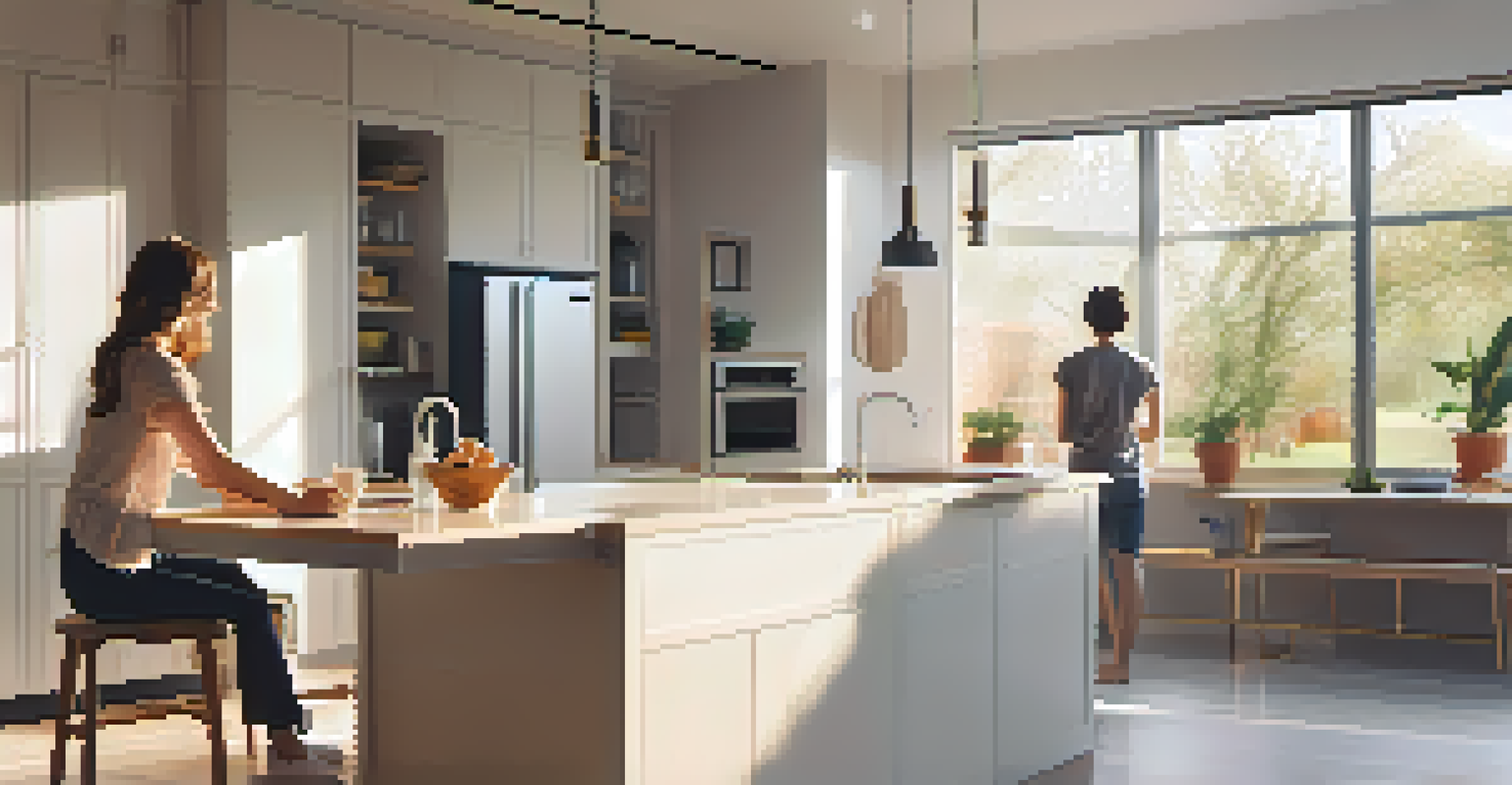 A bright kitchen scene with a person using a voice assistant, featuring a thermostat and energy-efficient appliances in a modern environment.