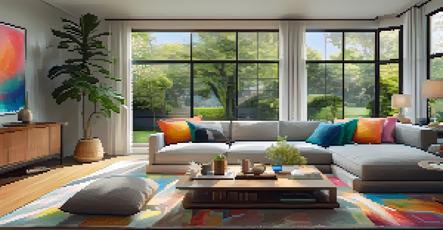 A cozy living room with a sectional sofa, wooden coffee table, artwork on the walls, and a garden view through a large window.