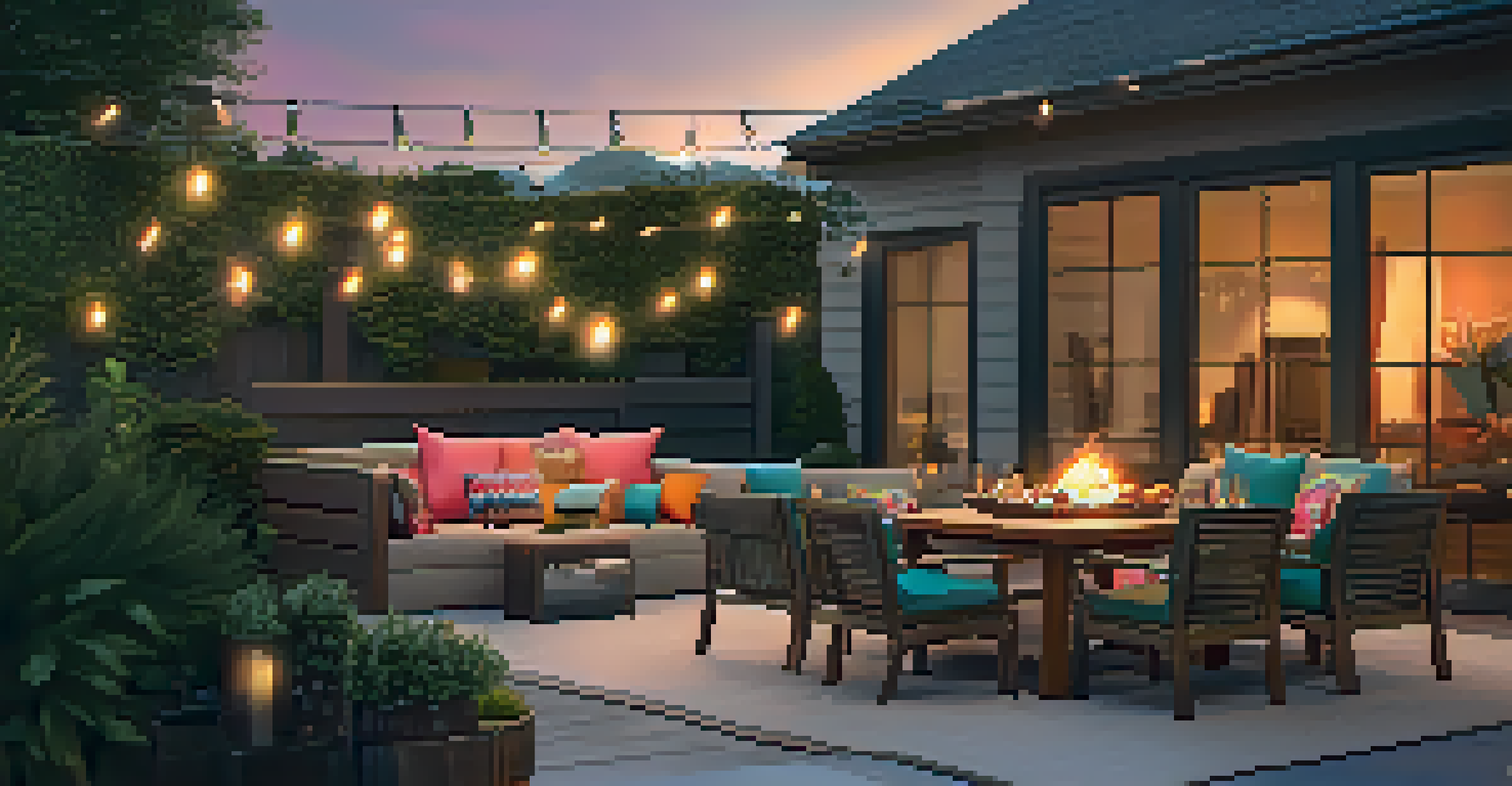 An outdoor patio set up for various activities, including dining and relaxation, with a fire pit and string lights during a vibrant sunset.