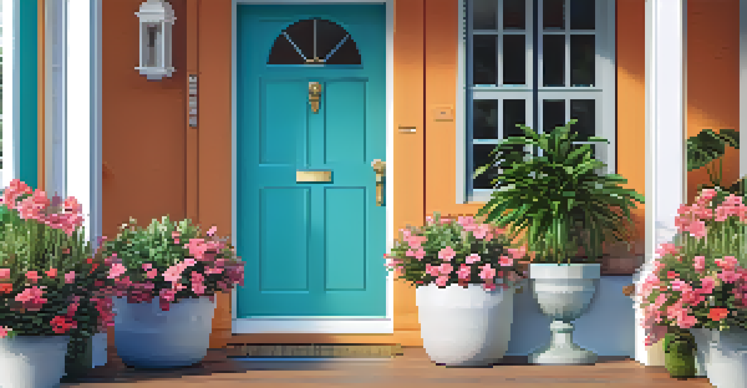 An outdoor view of a stylish front door with a smart doorbell camera beside it, surrounded by potted plants and flowers, under a clear blue sky.