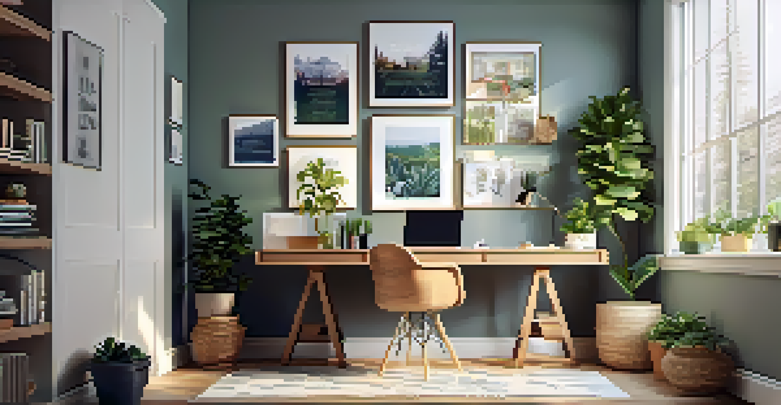 A warm home office space with a desk, laptop, houseplants, and natural light.