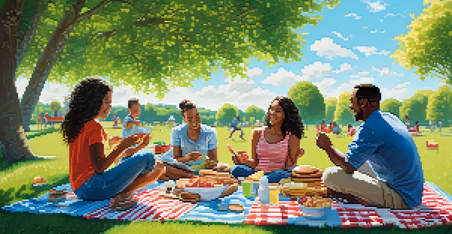 A lively family picnic in a sunny park, with a diverse group of family members enjoying games and food on a blanket.