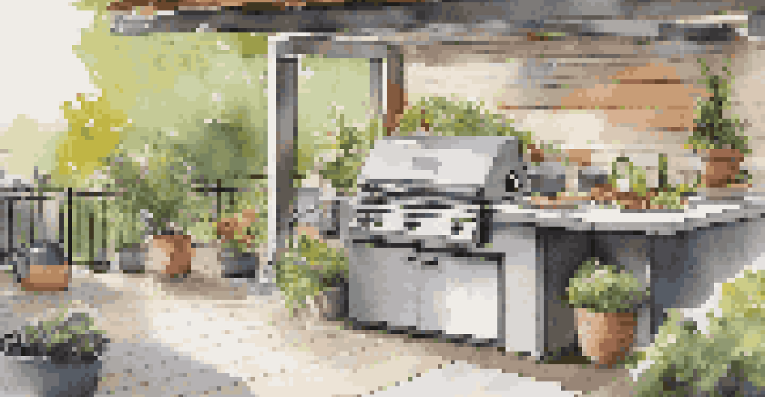 A stylish outdoor kitchen featuring a high-tech grill and fresh ingredients, set up for an inviting alfresco dining experience on a sunny day.