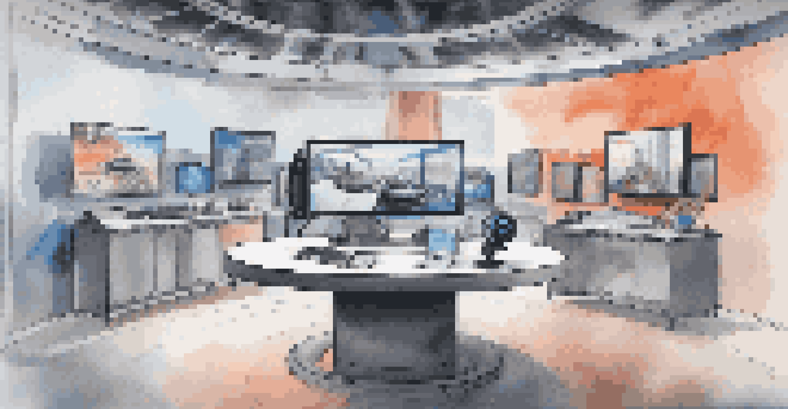 A 360-degree camera and VR headset on a sleek table in a modern workspace, with multiple screens showing virtual tour interfaces.