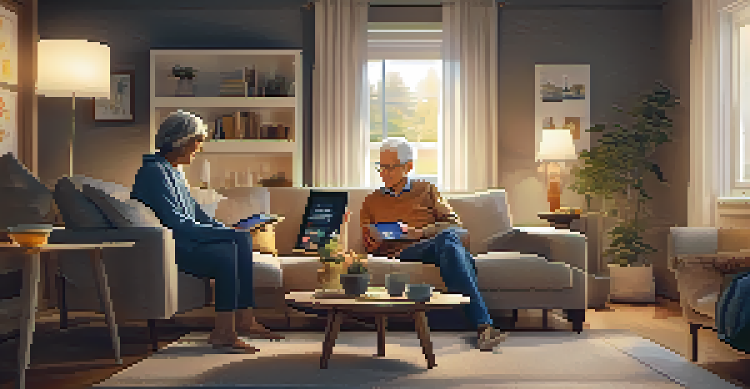 An elderly couple in a cozy living room using smart home technology together.