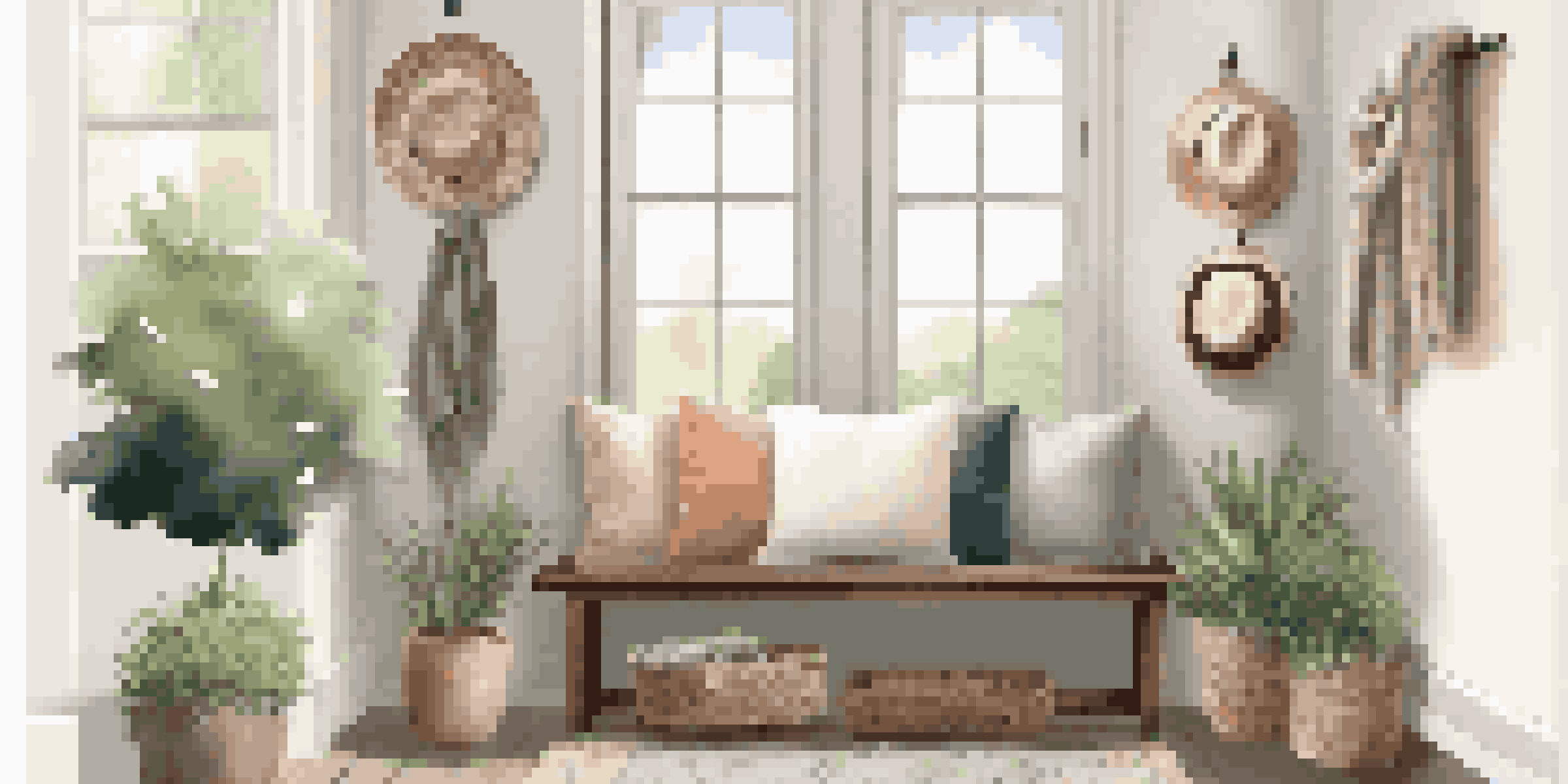 A warm and inviting entryway with a wooden bench, colorful jackets on hooks, and a potted plant, bathed in natural light.