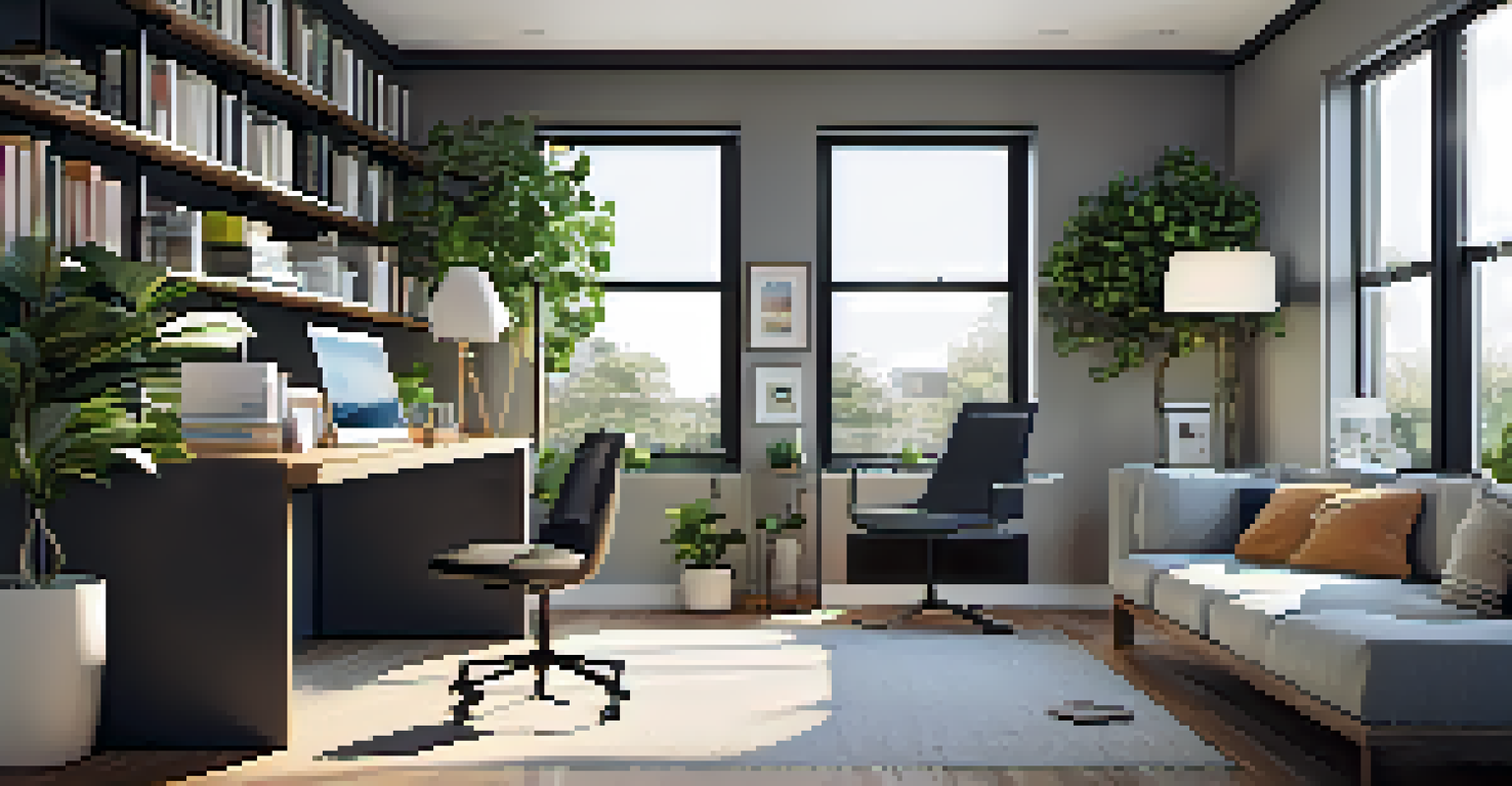A stylish home office with a modern desk, laptop, potted plants, and bookshelves, bathed in natural light.