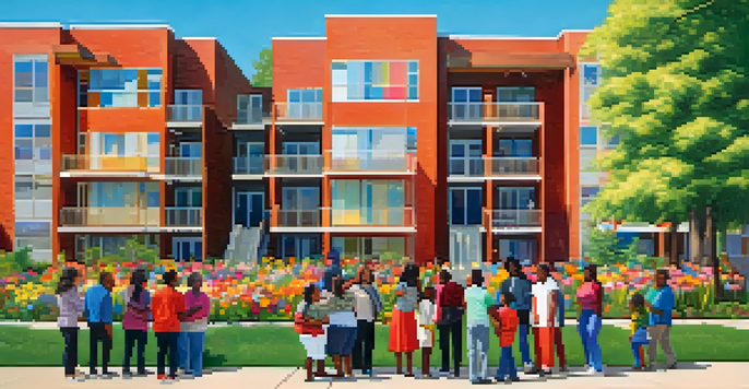 A diverse group of people of different races and ages standing together in front of a housing complex, smiling and interacting in a sunny environment.
