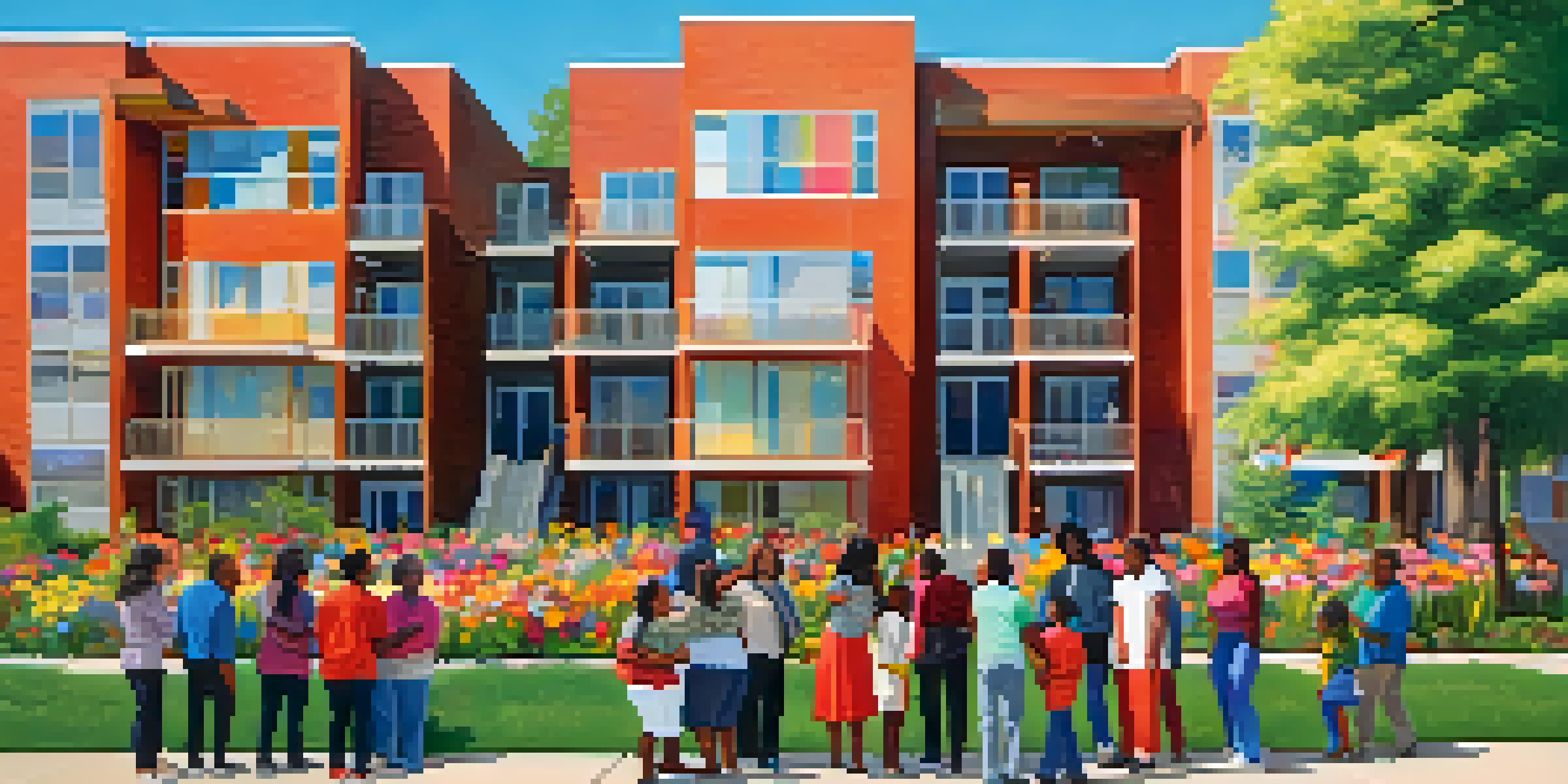 A diverse group of people of different races and ages standing together in front of a housing complex, smiling and interacting in a sunny environment.