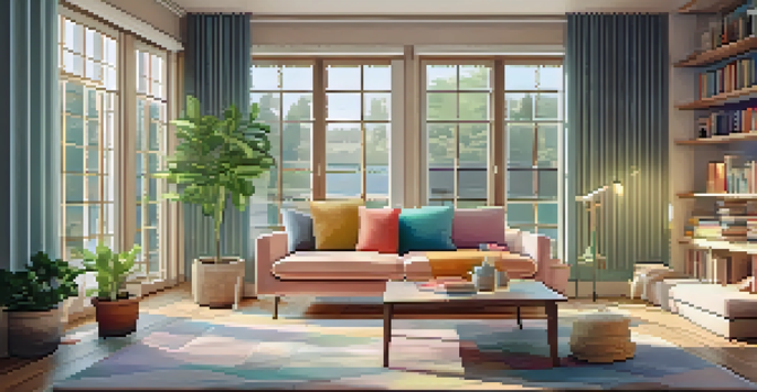 A bright and cozy living room filled with natural light, featuring a sofa, coffee table, and bookshelves.