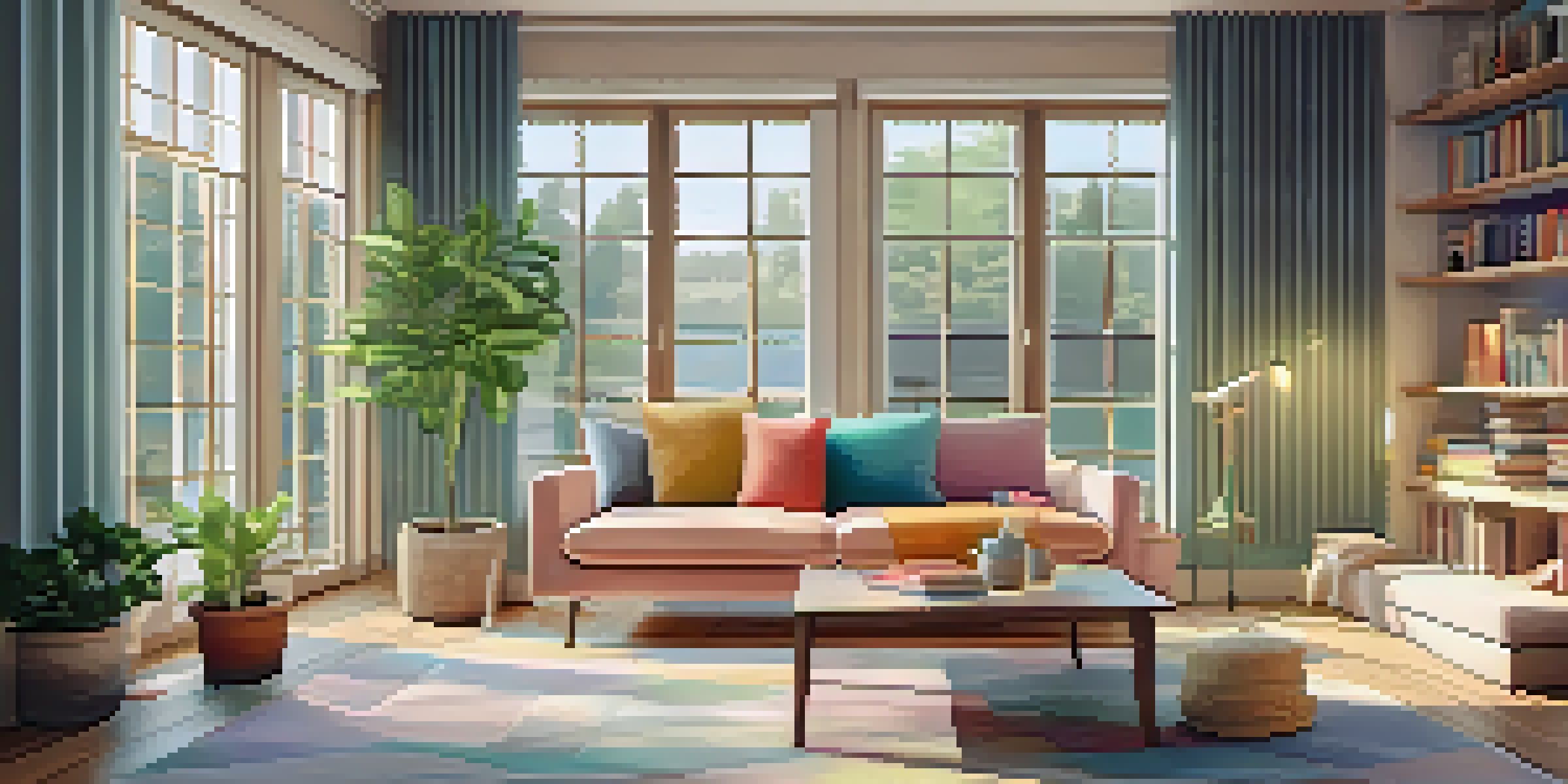 A bright and cozy living room filled with natural light, featuring a sofa, coffee table, and bookshelves.