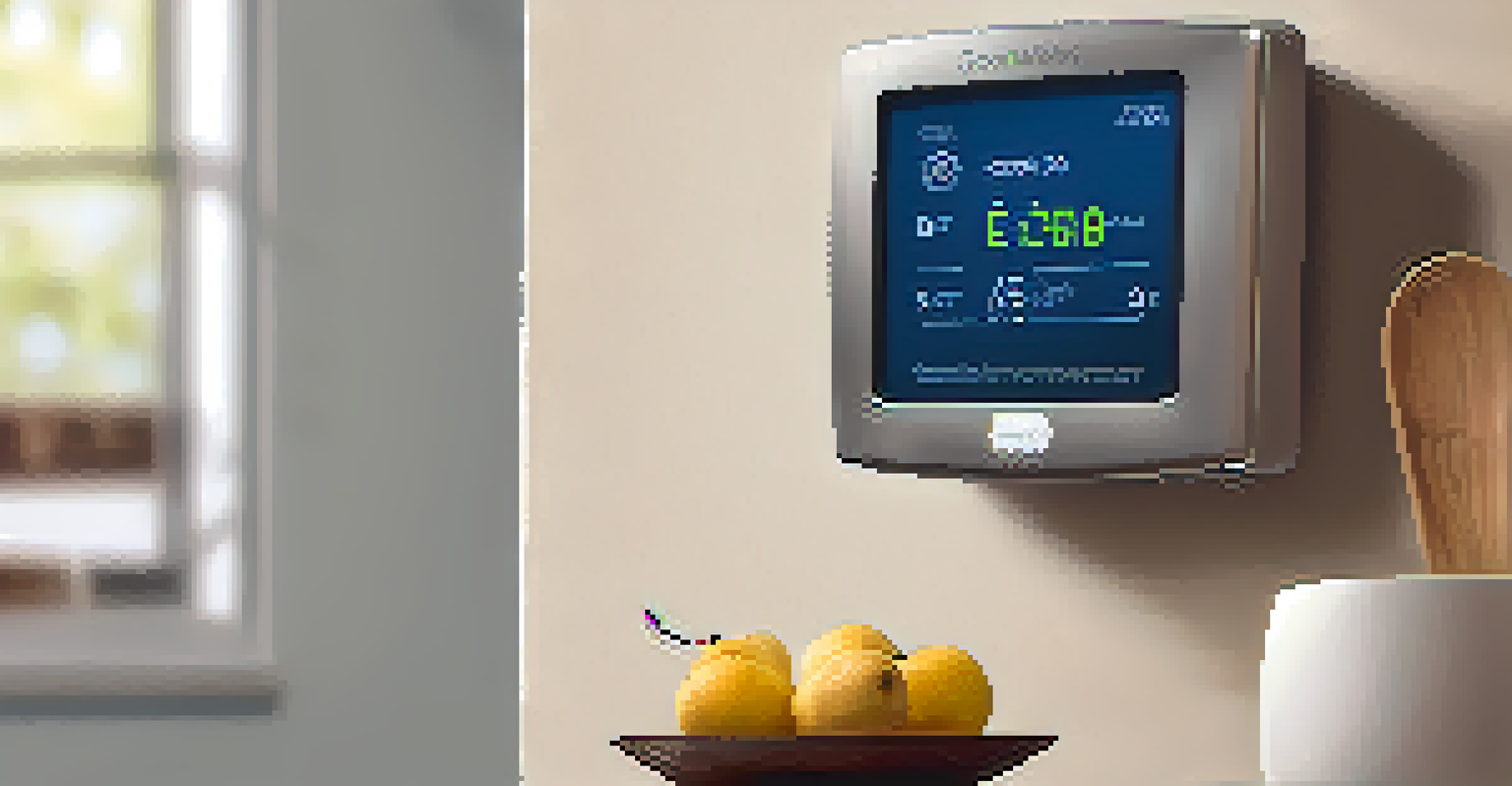 A close-up of a smart meter showing real-time energy data in a contemporary kitchen with energy-efficient appliances.