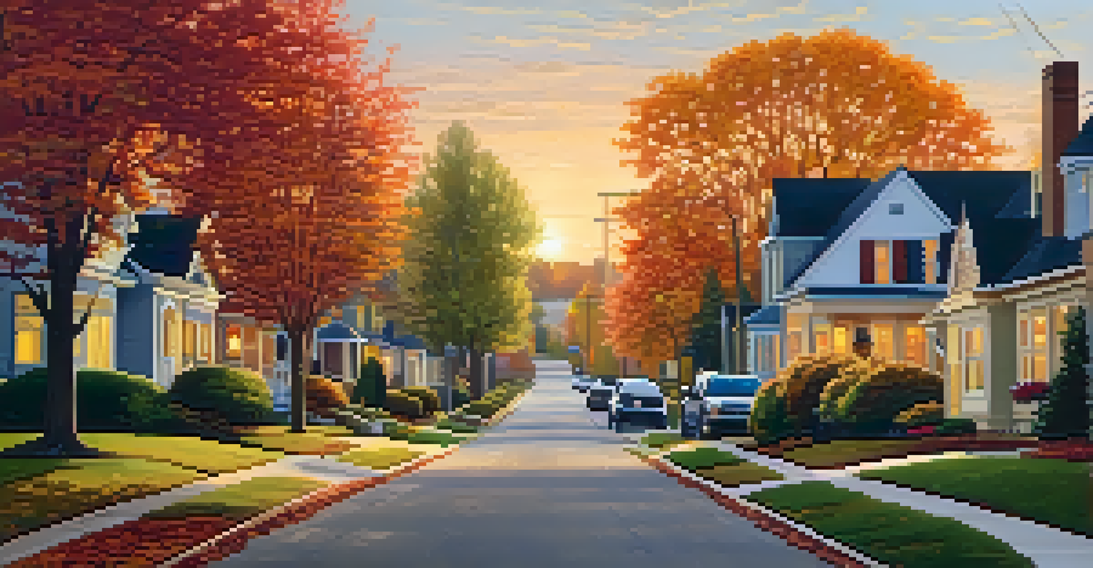 A picturesque suburban street in autumn with colorful trees and charming houses.