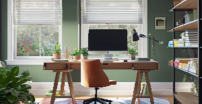 A contemporary home office with a stylish desk, comfortable chair, and plants, illuminated by natural light.
