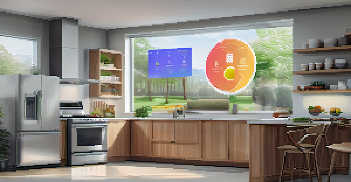 A modern kitchen with a tablet displaying energy consumption data from smart appliances, illuminated by natural light.