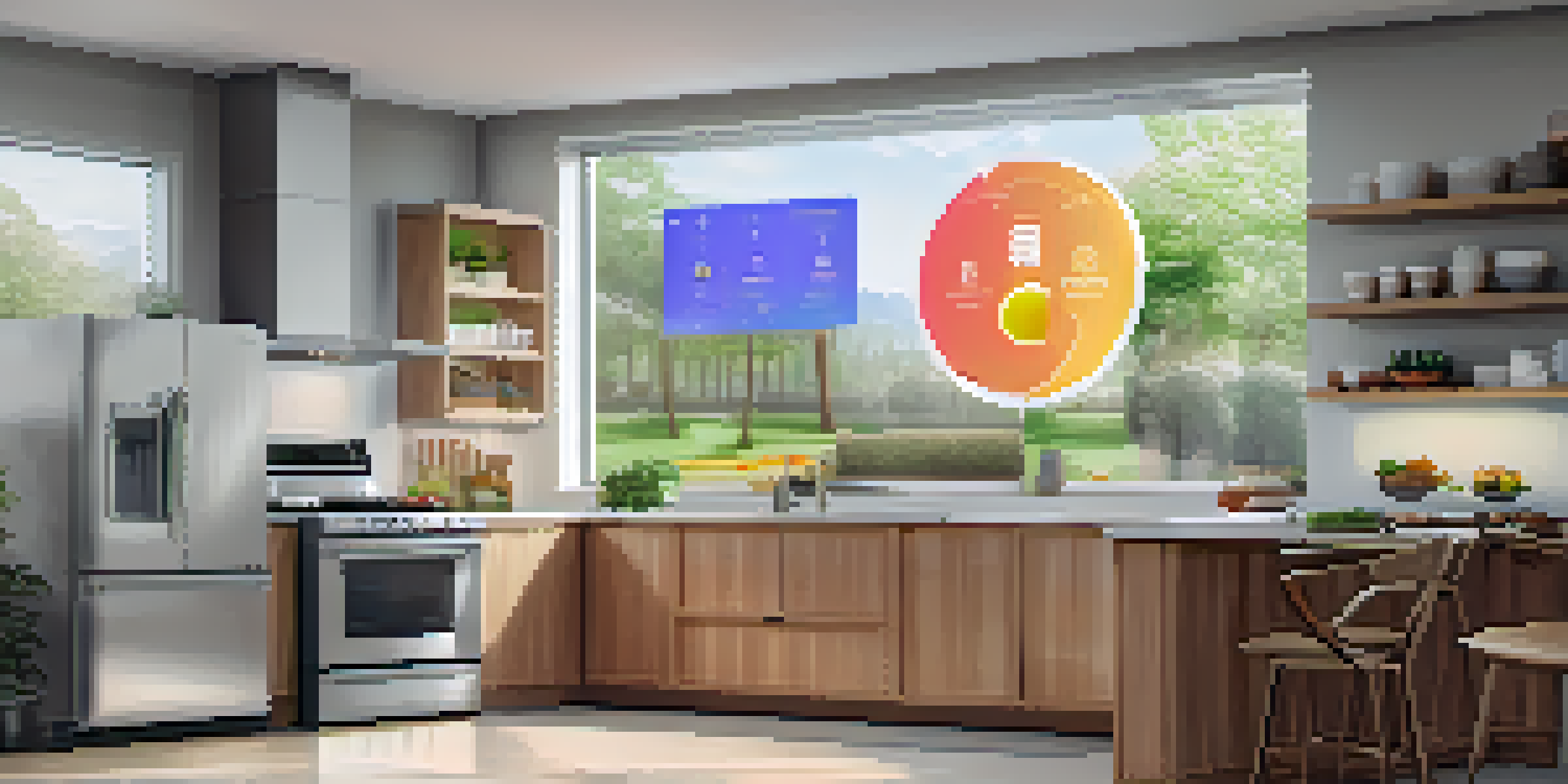 A modern kitchen with a tablet displaying energy consumption data from smart appliances, illuminated by natural light.