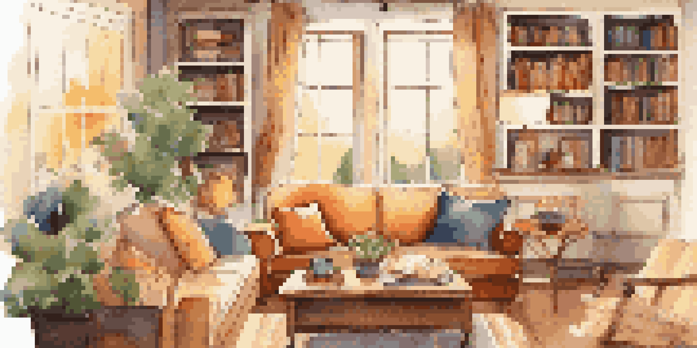 A cozy living room with a sofa, colorful cushions, a coffee table with tea, and a window filled with sunlight.