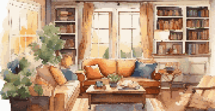 A cozy living room with a sofa, colorful cushions, a coffee table with tea, and a window filled with sunlight.