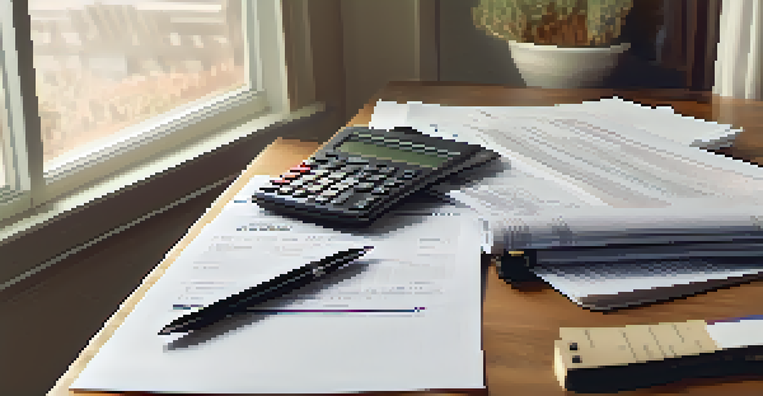 A close-up of real estate investment documents and a calculator on a wooden desk with natural light.