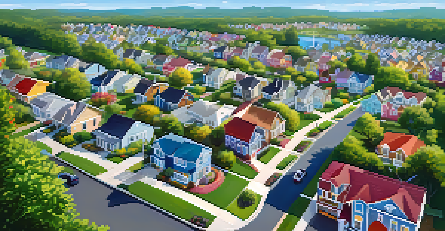 Aerial view of a vibrant neighborhood with diverse homes and virtual tour signs in front.