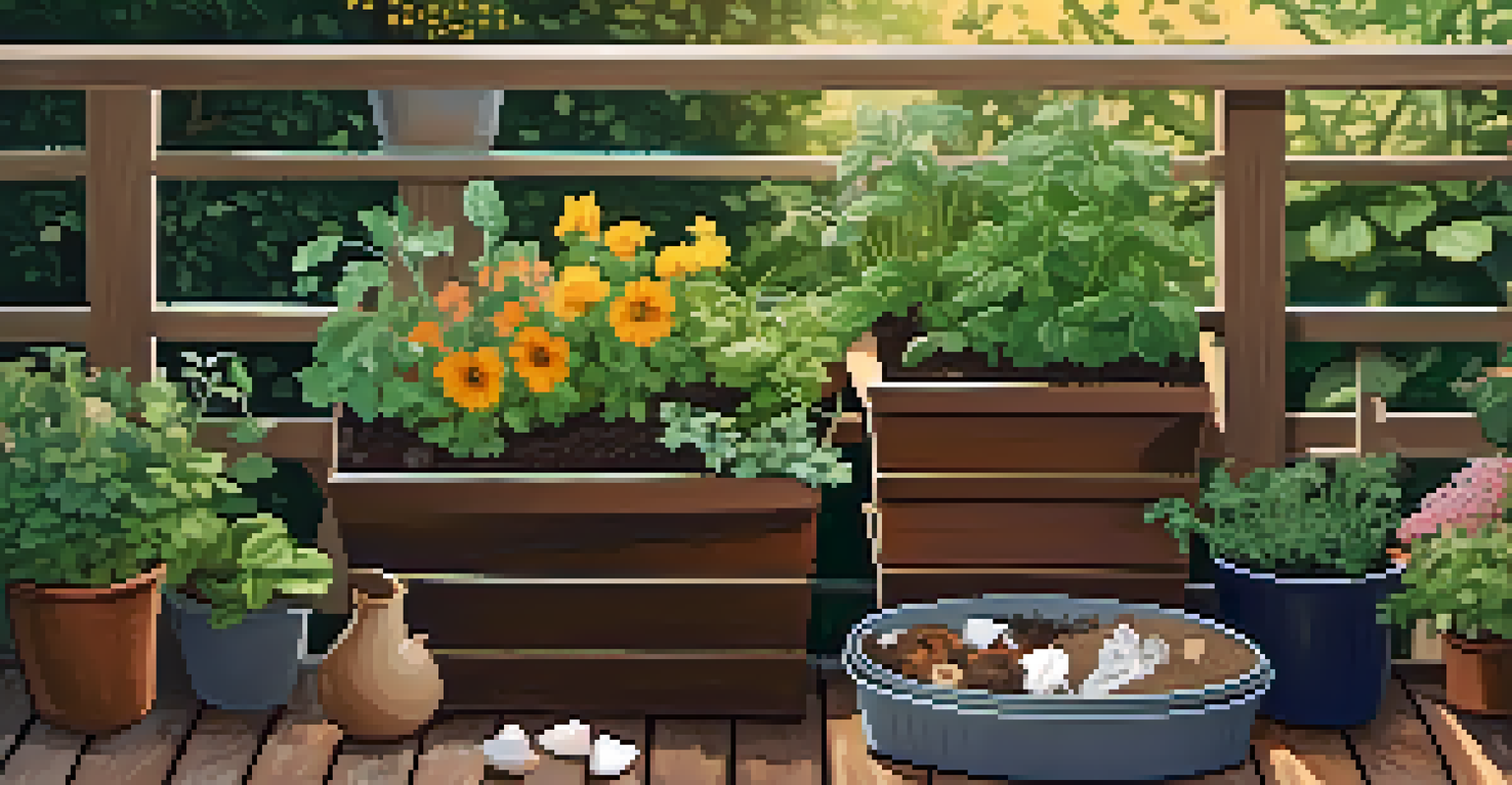 A wooden compost bin on a balcony filled with vegetable scraps, coffee grounds, and eggshells, surrounded by potted herbs and flowers.