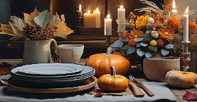 A cozy seasonal table setting with autumn leaves, pumpkins, and fresh flowers, illuminated by candlelight.